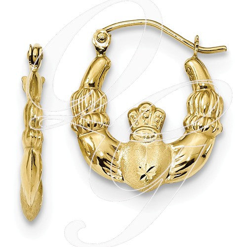 10k Polished & Satin Claddagh Hoop Earrings