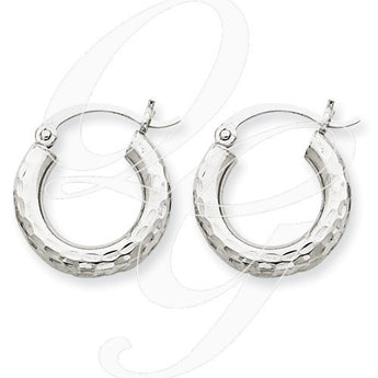 10k White Gold Diamond-Cut 3mm Round Hoop Earrings