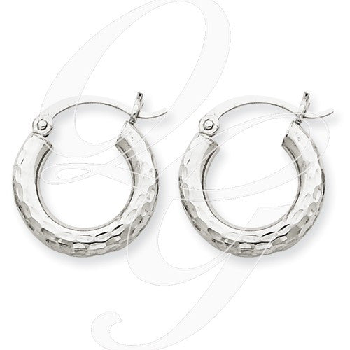 10k White Gold Diamond-Cut 3mm Round Hoop Earrings