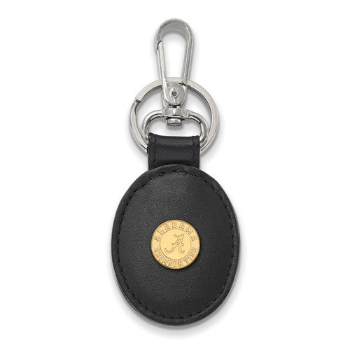 Sterling Silver w/GP LogoArt U of Alabama Black Leather Oval Key Chain