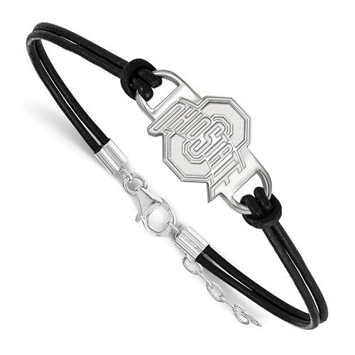 Sterling Silver LogoArt Ohio State University Small Center Leather Bracelet