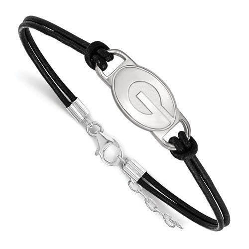 Sterling Silver LogoArt University of Georgia Small Center Leather Bracelet