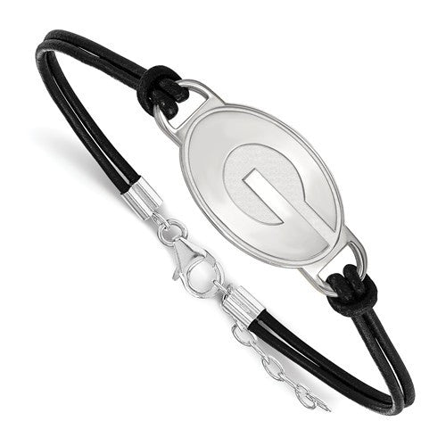 Sterling Silver LogoArt University of Georgia Large Center Leather Bracelet
