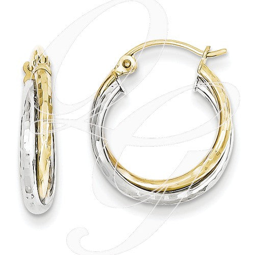 10K Yellow & White Gold Textured Twist Hoop Earrings