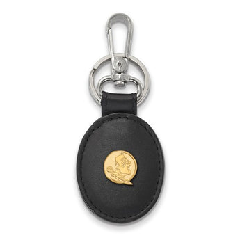 Sterling Silver w/GP LogoArt Florida State U Black Leather Oval Key Chain