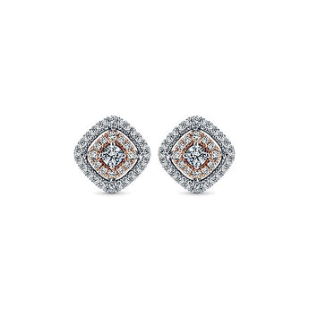 14k White/pink Gold Clustered Diamonds Stud