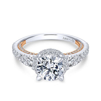 18k White/Rose Gold Round Double Halo Diamond Engagement Ring