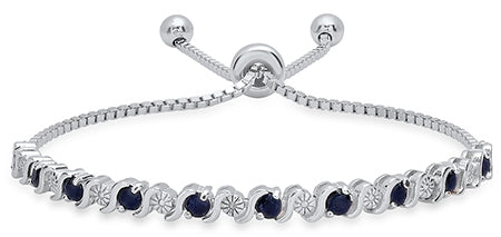 Ladies Sterling Silver Genuine Sapphire/Diamond Accent Bolo Bracelet/XBR-119-S-SS