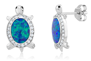 Sterling Silver CZ/Created Blue Opal Earrings/ XE-540-SS