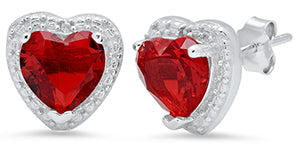 Ladies Sterling Silver Heart Created Ruby/Diamond Earrings/XE-764-CRR-SS