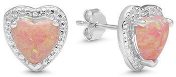 Ladies Sterling Silver 7MM Lab Created Heart Pink Fire Opal/Diamond Earrings/XE-764-CROP-SS