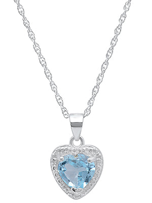 Ladies Sterling Silver Heart Blue Topaz/Diamond Necklace With 18
