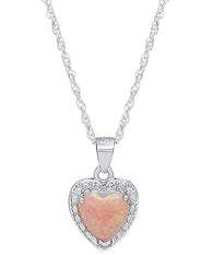 Ladies Sterling Silver 7MM Heart Lab Created Fire Opal/Diamond Necklace With 18