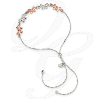 Sterling Silver W/Rose-Tone Butterfly Adjustable Bracelet