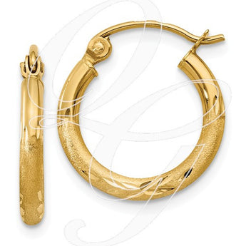 14k Satin & Diamond-Cut 2mm Round Tube Hoop Earrings