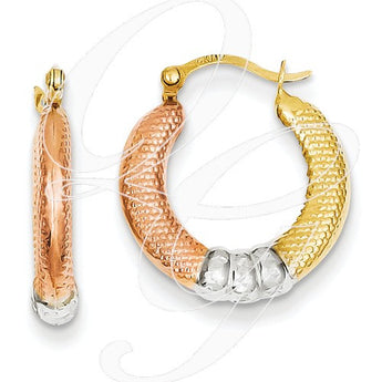 14K & White And Rose Textured D/C Scalloped Hoop Earrings